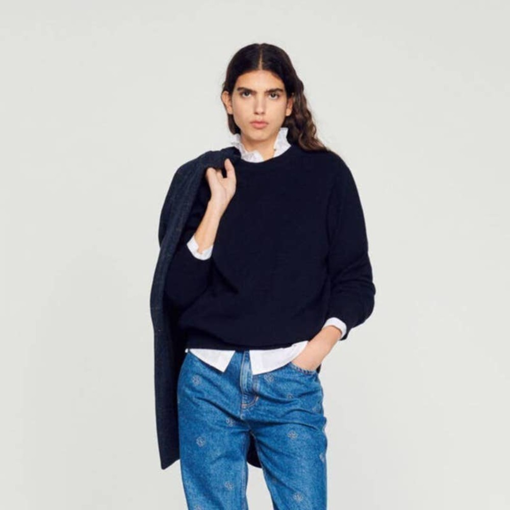 Sandro Cashmere Pullover Sweater Long Sleeve Navy Blue Women's Size L NWT
